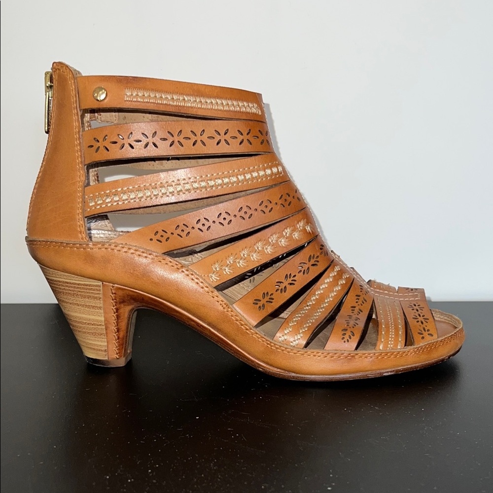 Pikolinos Cognac Strappy Gladiator Style Cutout & Stitched Leather Ankle Booties